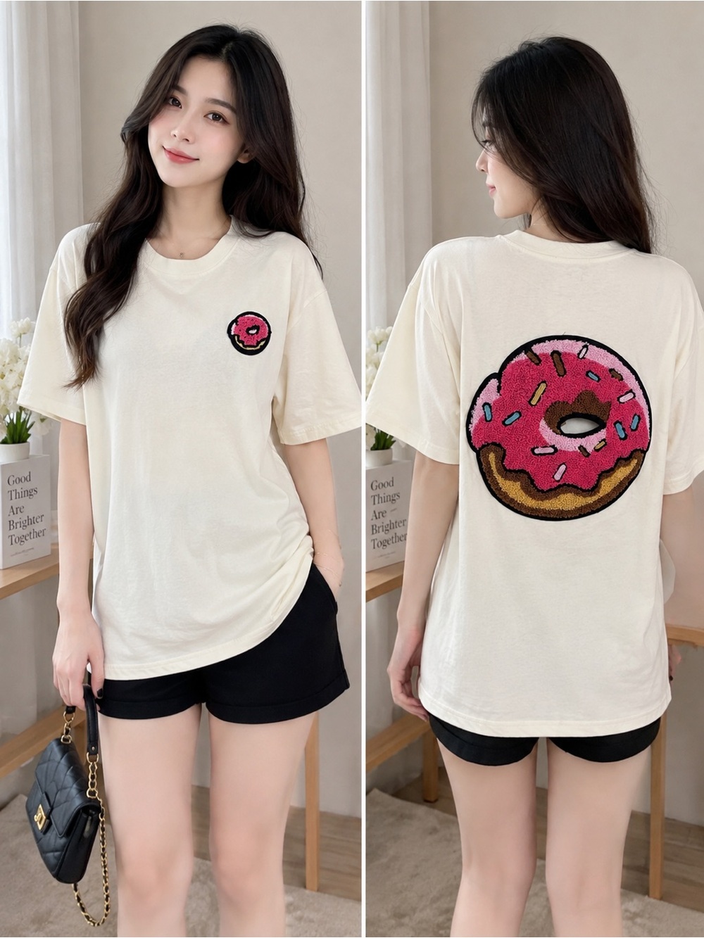 Casual Donut Graphic Tee - Cream with Pink